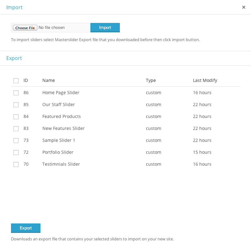 Master Slider Export Import Dialog